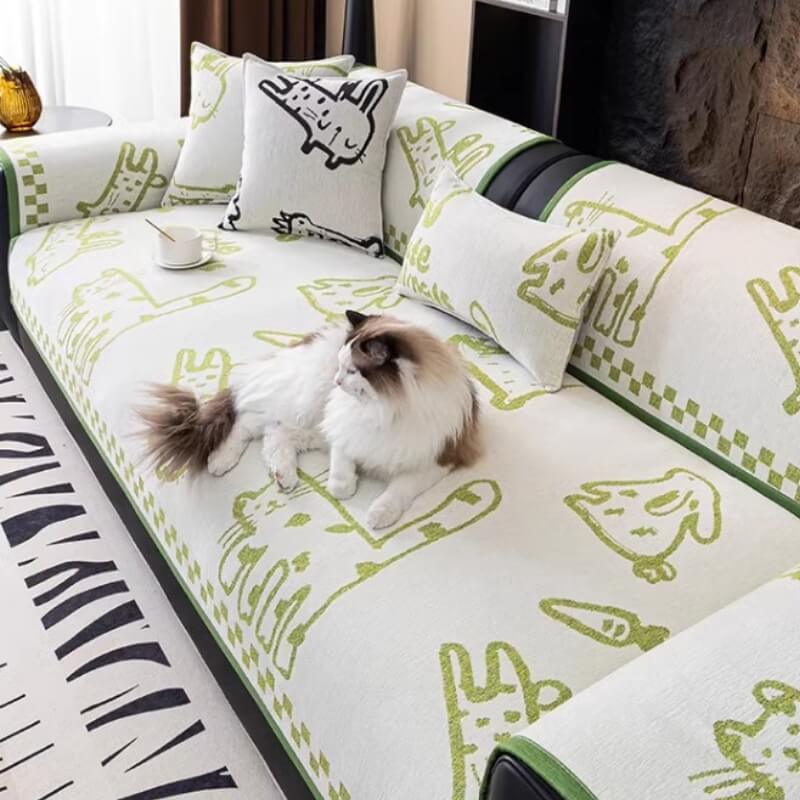 Cubierta de sofá de protección antideslizante de tela de chenille de gato juguetón