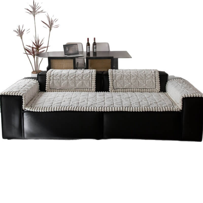 Thickend Short Plush Leaf Pattern Scratch Resistant Non-Slip Couch Cover
