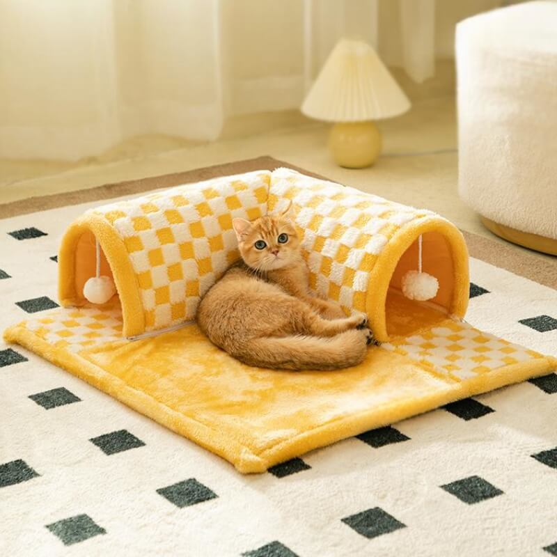 Cama de túnel de gato a cuadros a cuadros de pelaje de pelaje de plush graciosos 2-en-1
