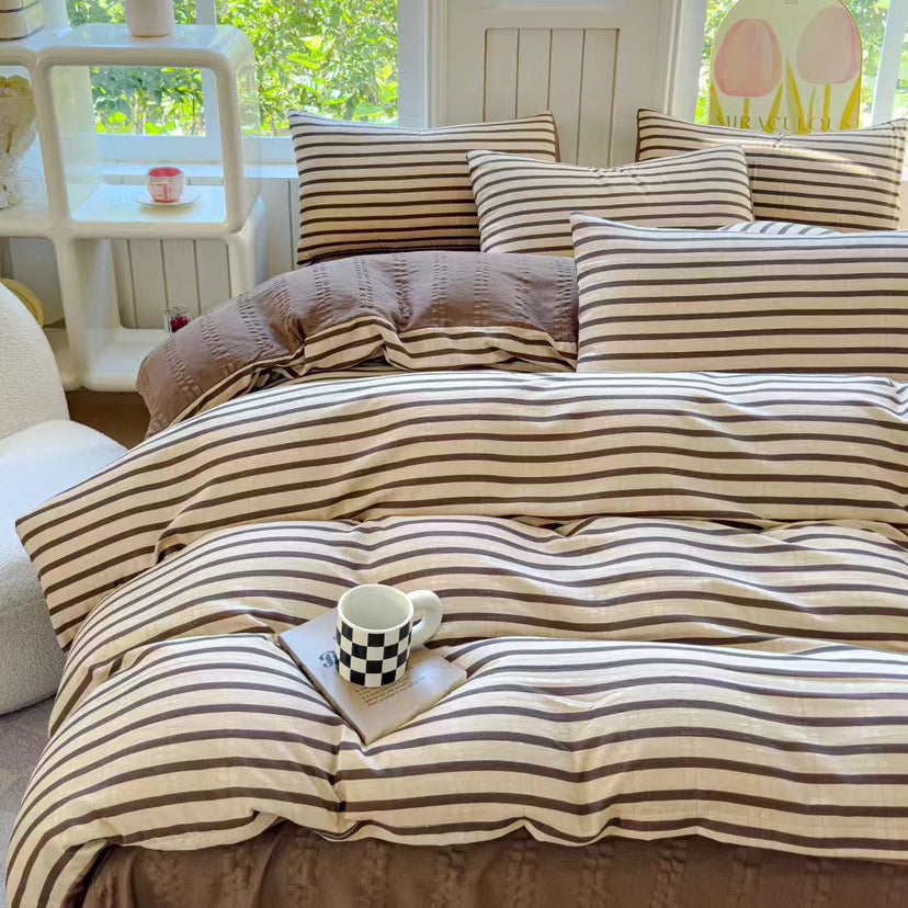 Modern Cozy Style Striped Textured Duvet Cover Bed Sheet Set