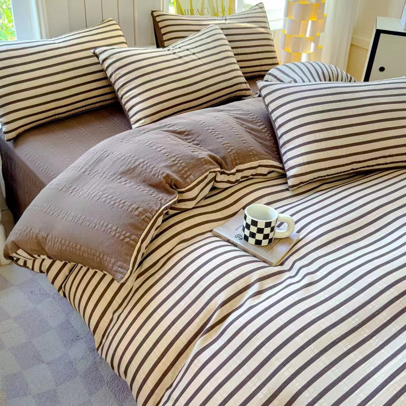 Modern Cozy Style Striped Textured Duvet Cover Bed Sheet Set