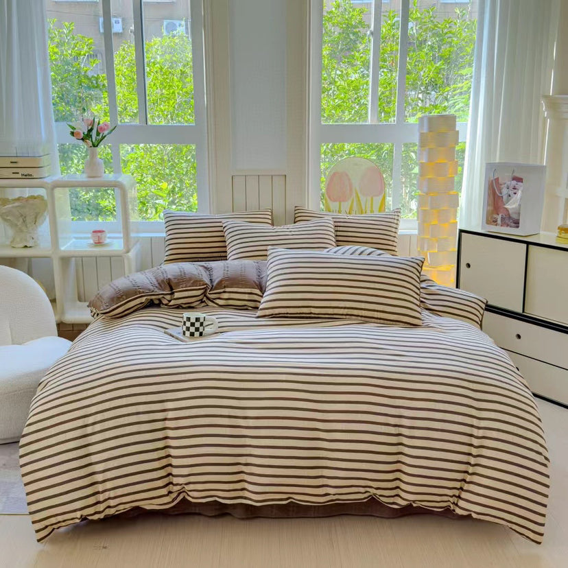 Modern Cozy Style Striped Textured Duvet Cover Bed Sheet Set