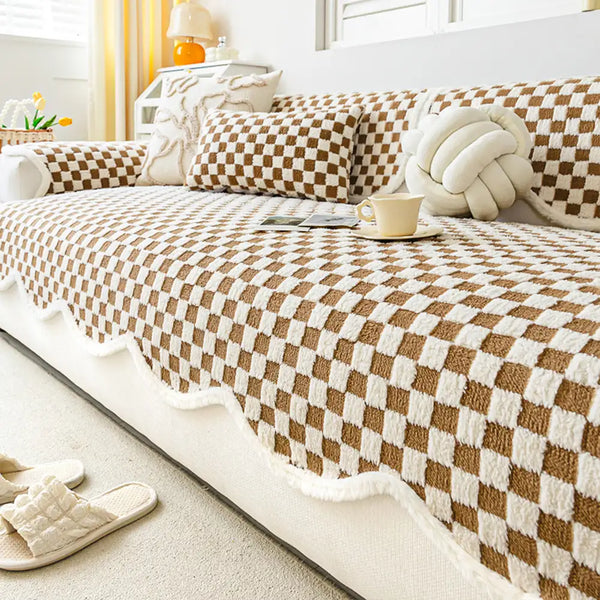 Classic Checkerboard Plush Comfortable Scratch-Resistant Non-Slip Couch Cover
