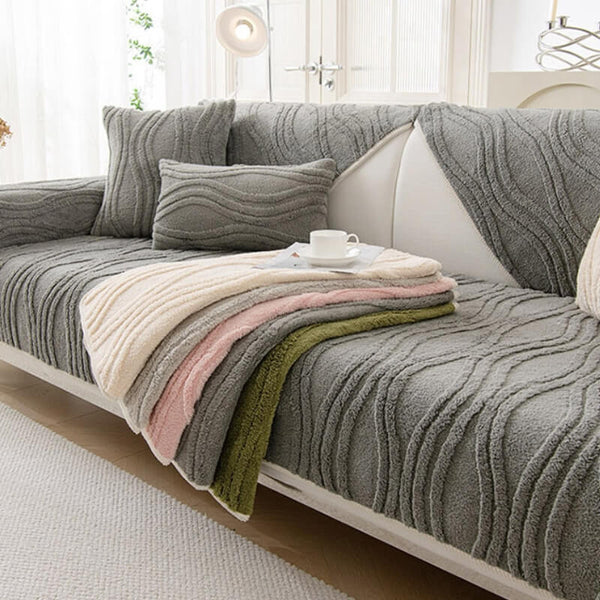 Cubierta de sofá de felpa gruesa sin deslizamiento elegante con textura gris