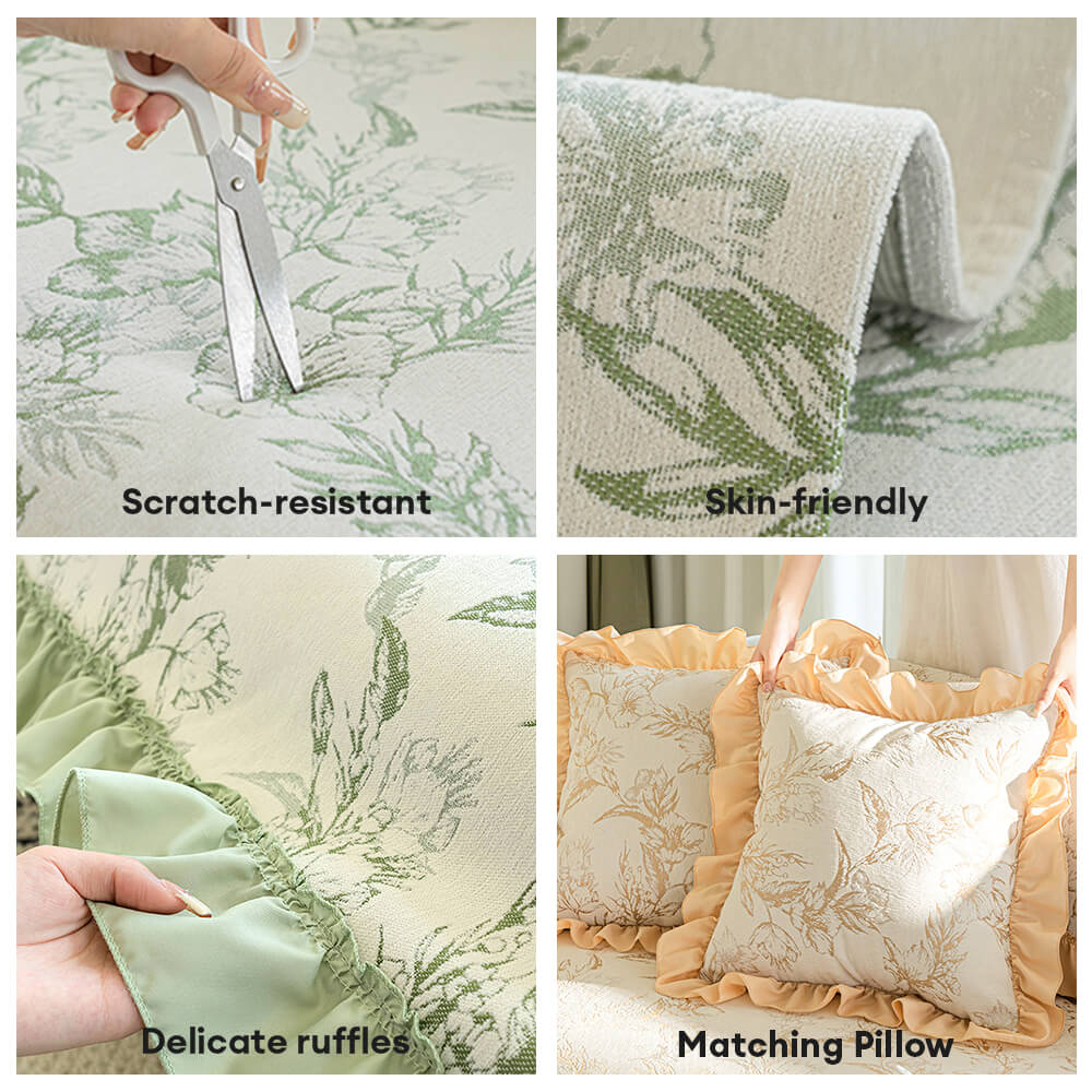 Chenille Floral Ruffle Design Anti-Slip Couch Cover