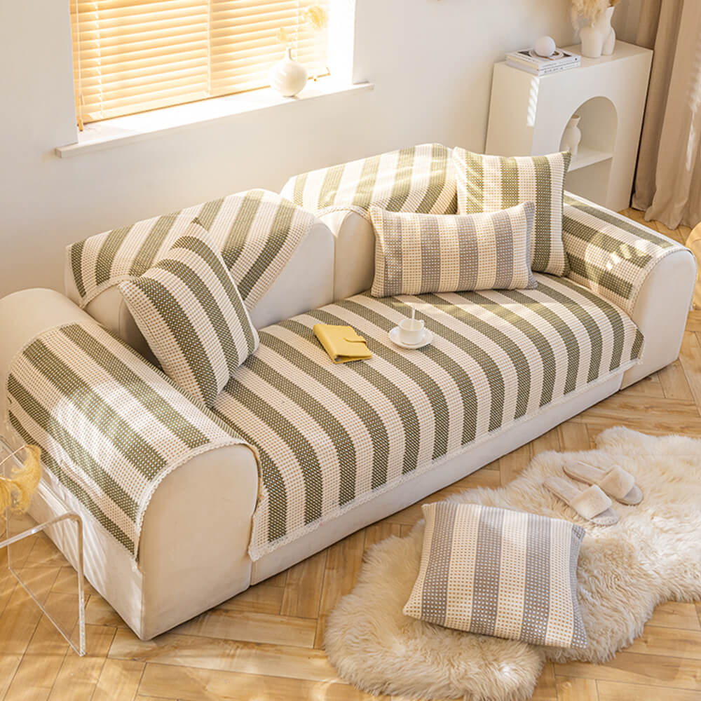 Cotton Linen Stripe Anti-scratch Furniture Protector Couch Cover