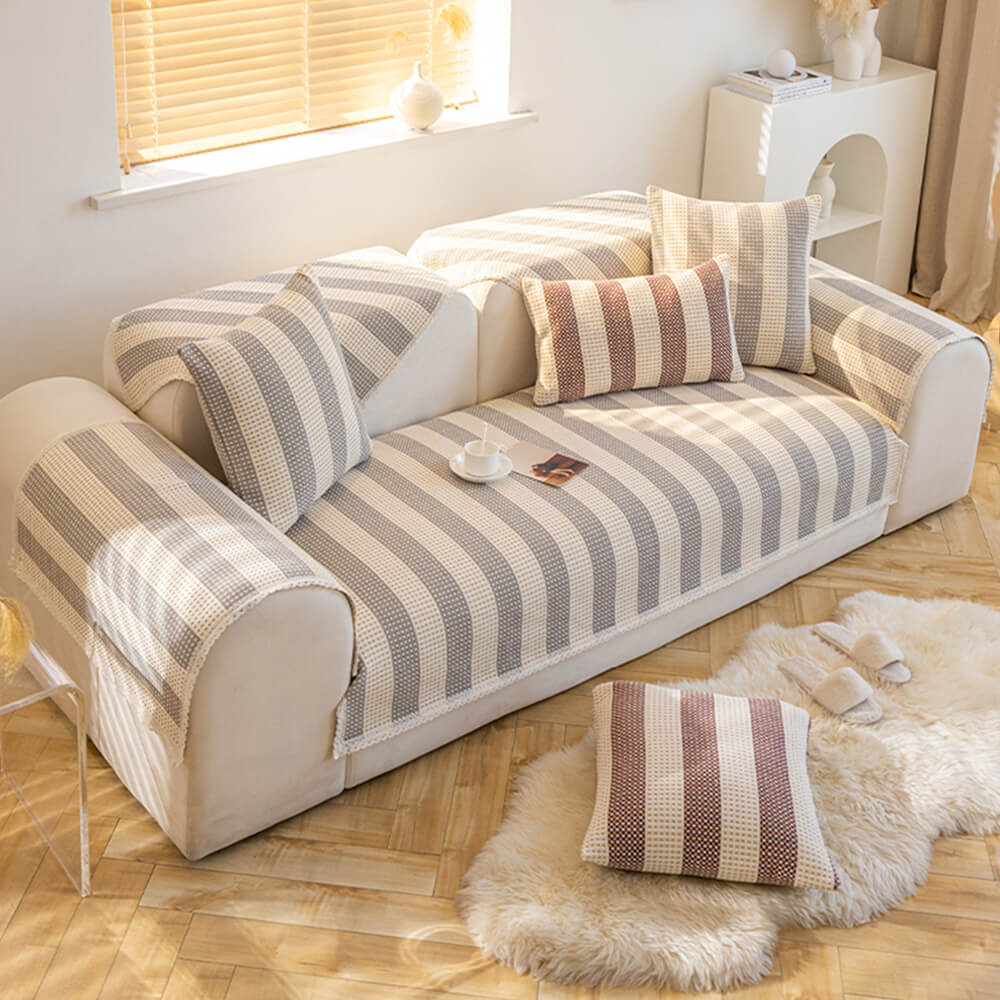 Cotton Linen Stripe Anti-scratch Furniture Protector Couch Cover