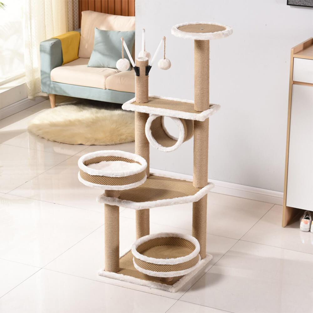 Árbol de gato de nivel múltiple de tejido de ratán transpirable con cama acogedora