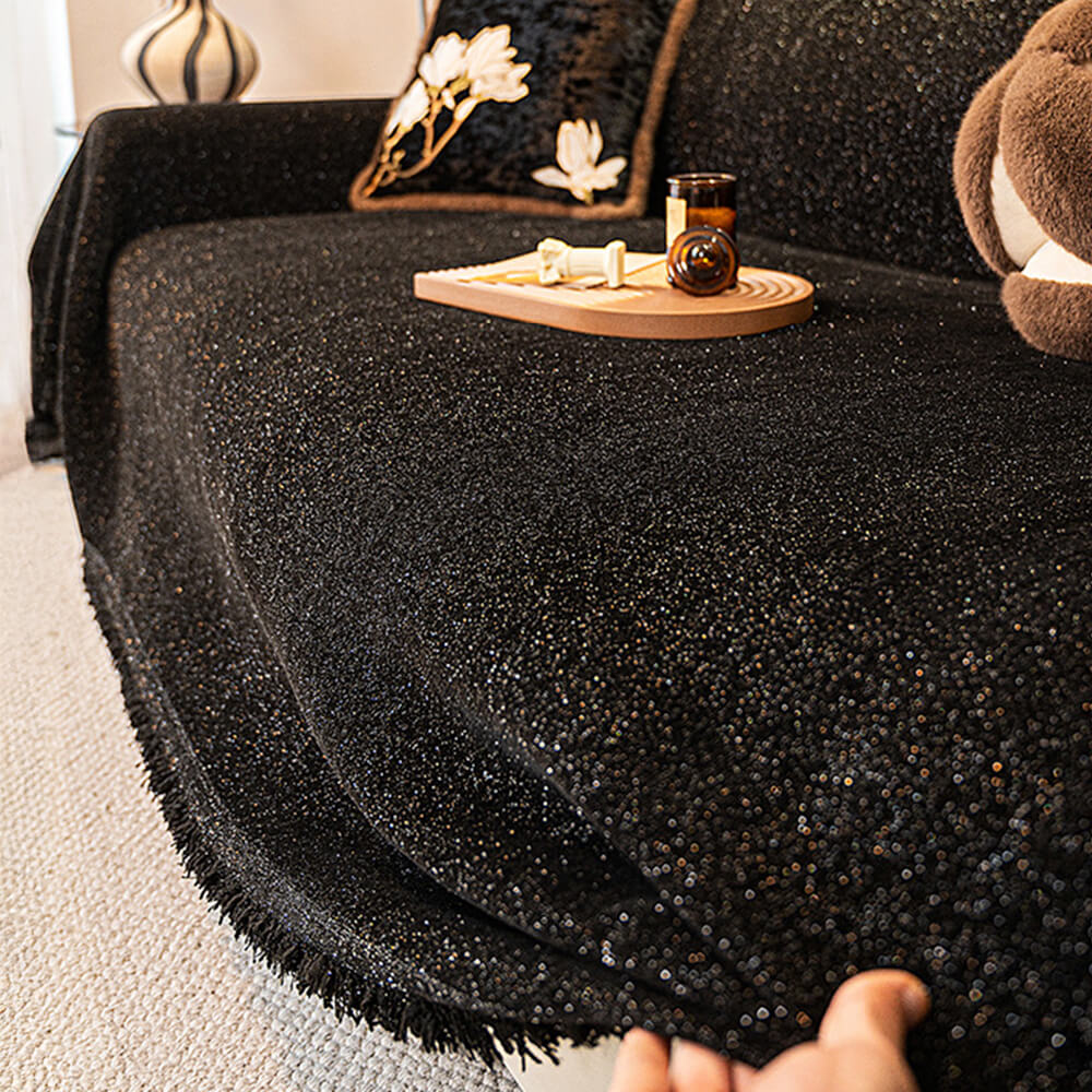Chenille Starry Glitter Design with Fringe Trim Throw Couch Cover