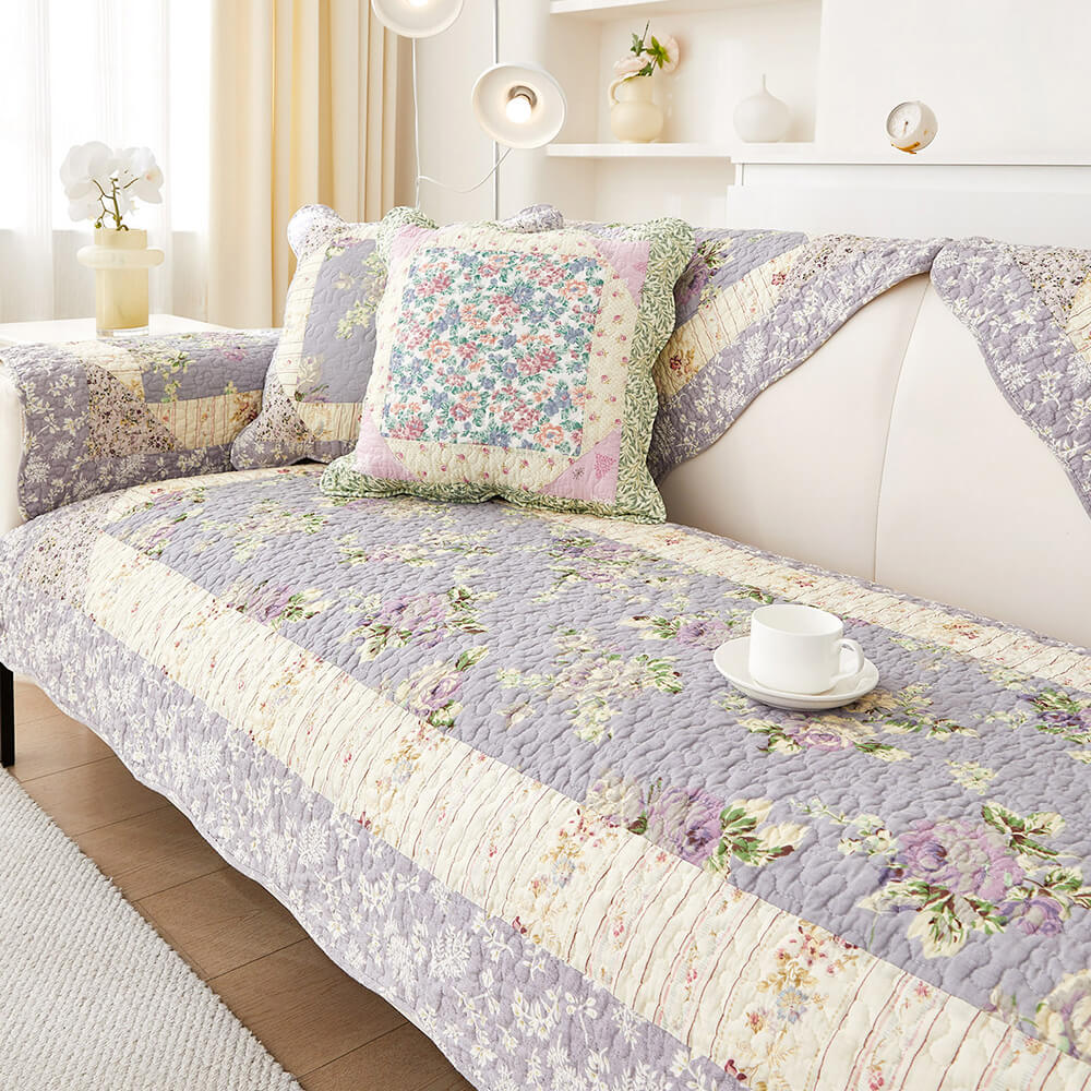 Rustic Floral Patchwork Cotton Quilted Anti-Scratch Couch Cover