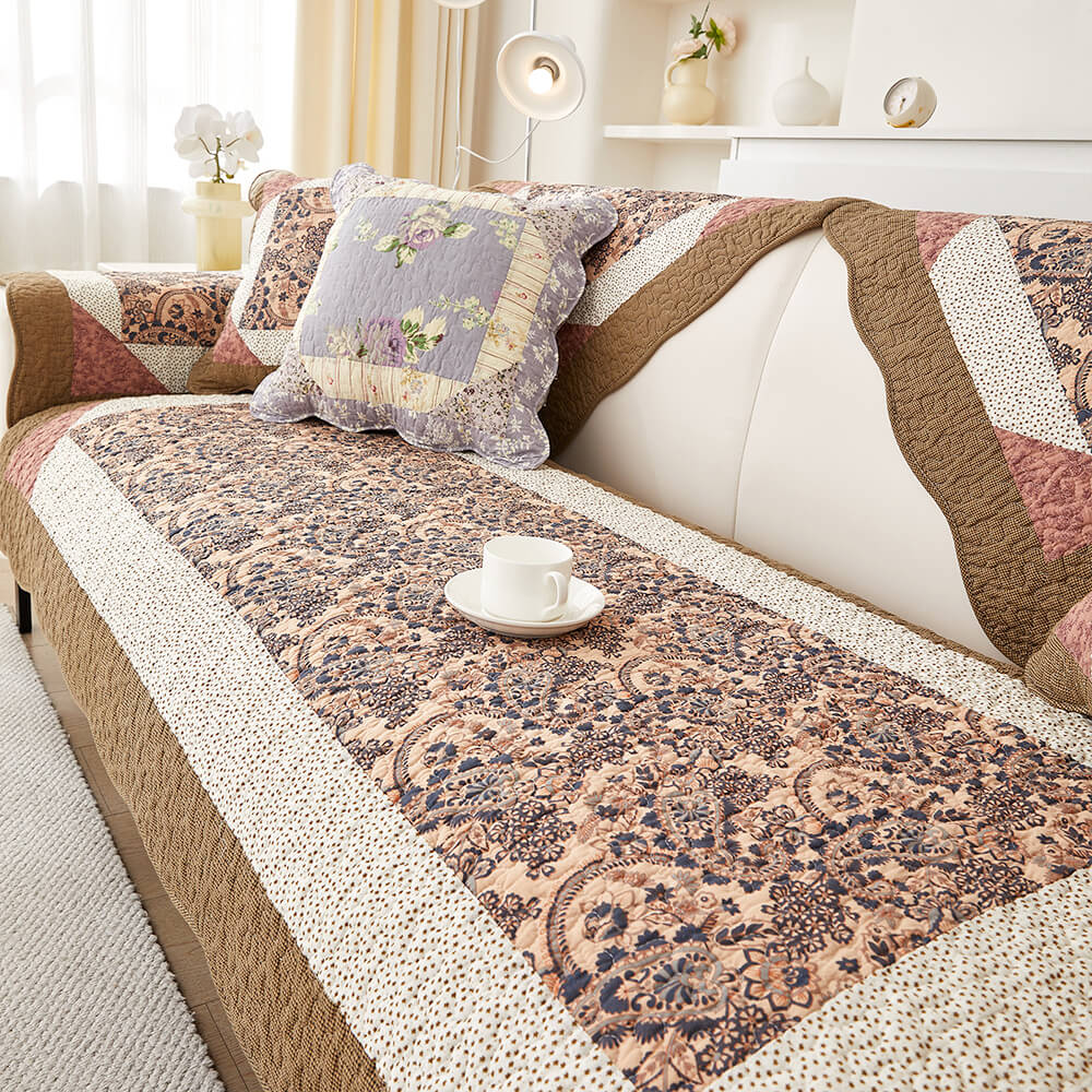 Rustic Floral Patchwork Cotton Quilted Anti-Scratch Couch Cover