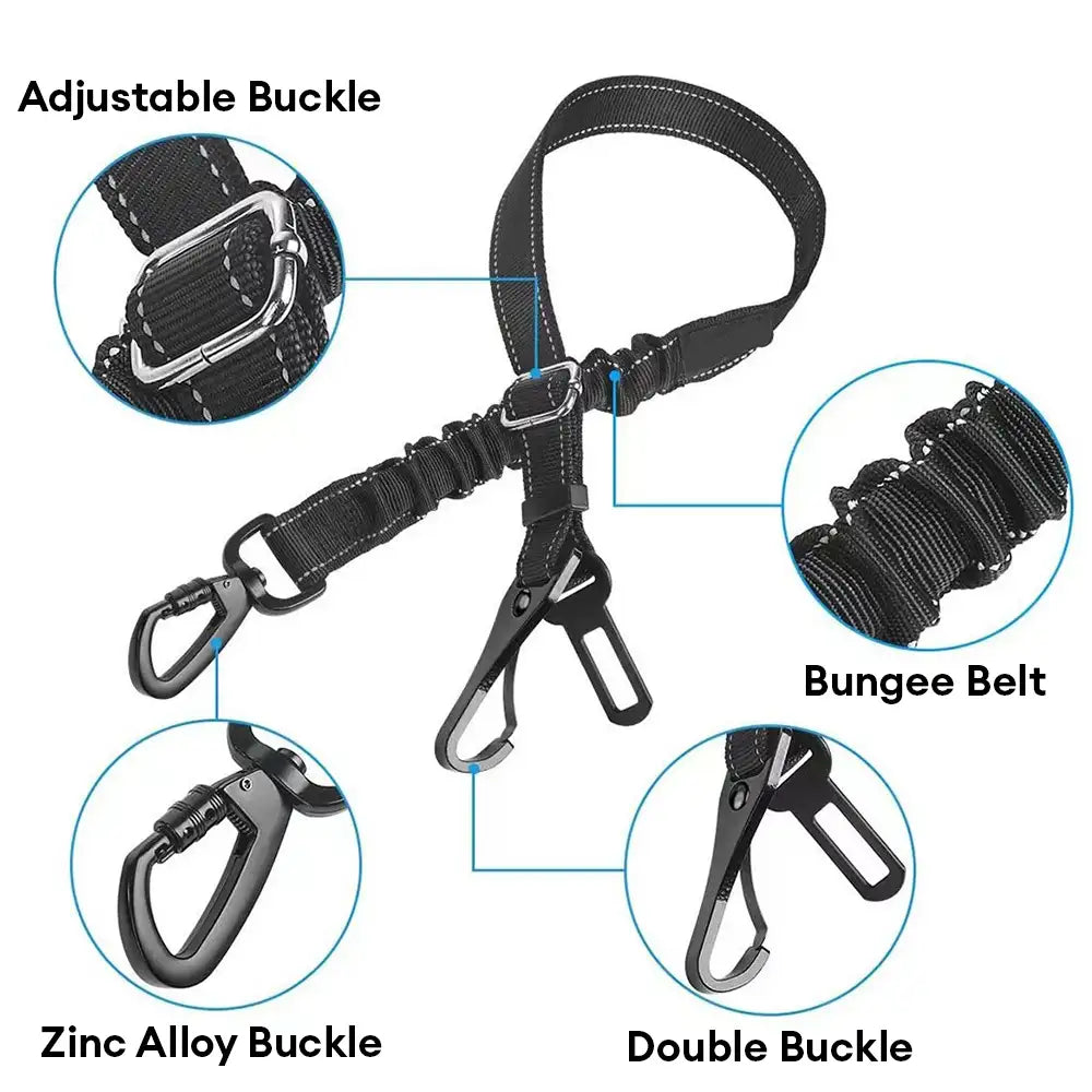 3 in 1 Dog Car Seat Belt Bungee With 360° Lockable Buckle & Hook Latch