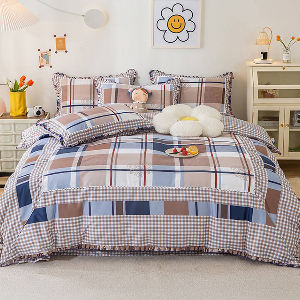 Country Style Plaid Brushed Duvet Cover Bed Sheet Set