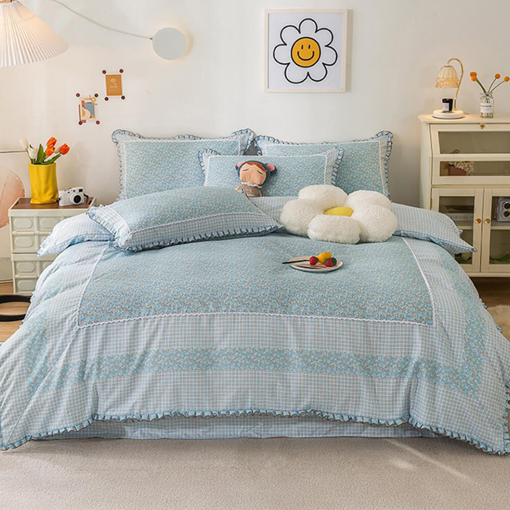 Country Style Plaid Brushed Duvet Cover Bed Sheet Set