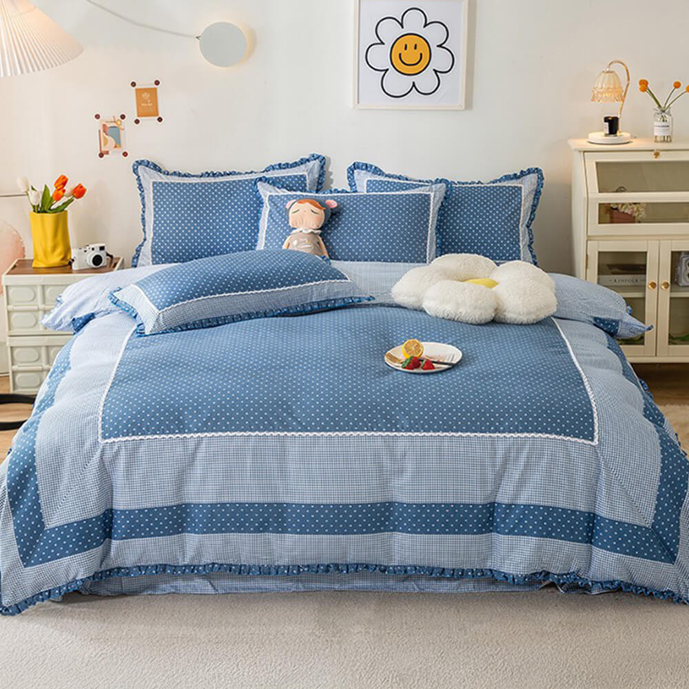 Country Style Plaid Brushed Duvet Cover Bed Sheet Set