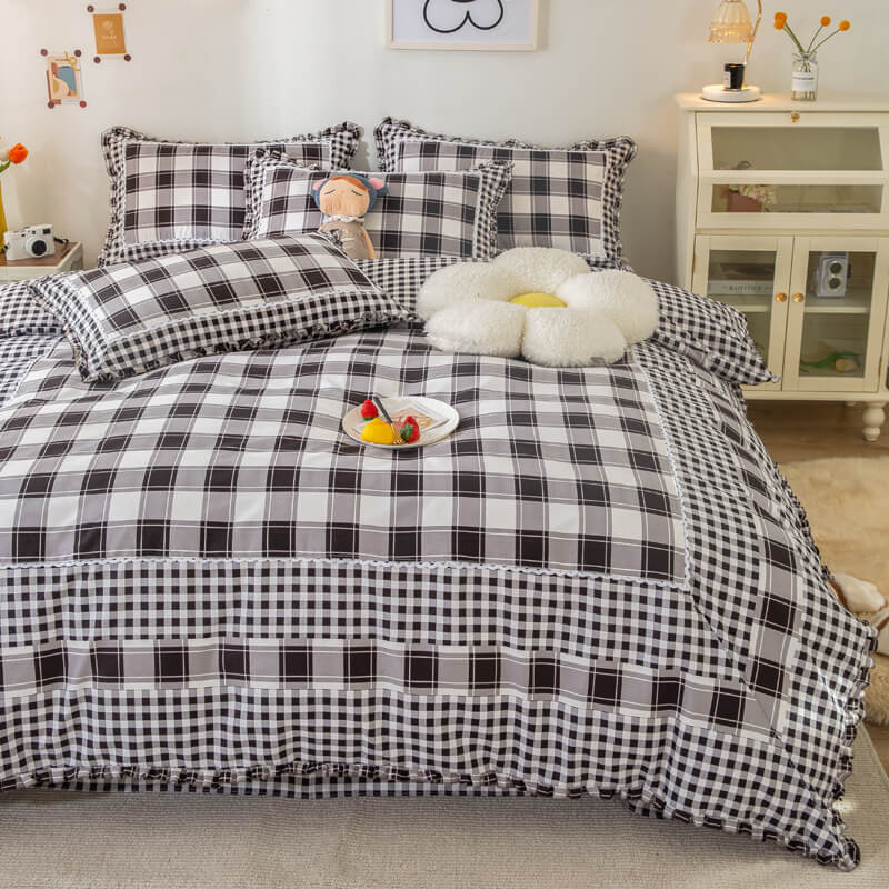 Country Style Plaid Brushed Duvet Cover Bed Sheet Set