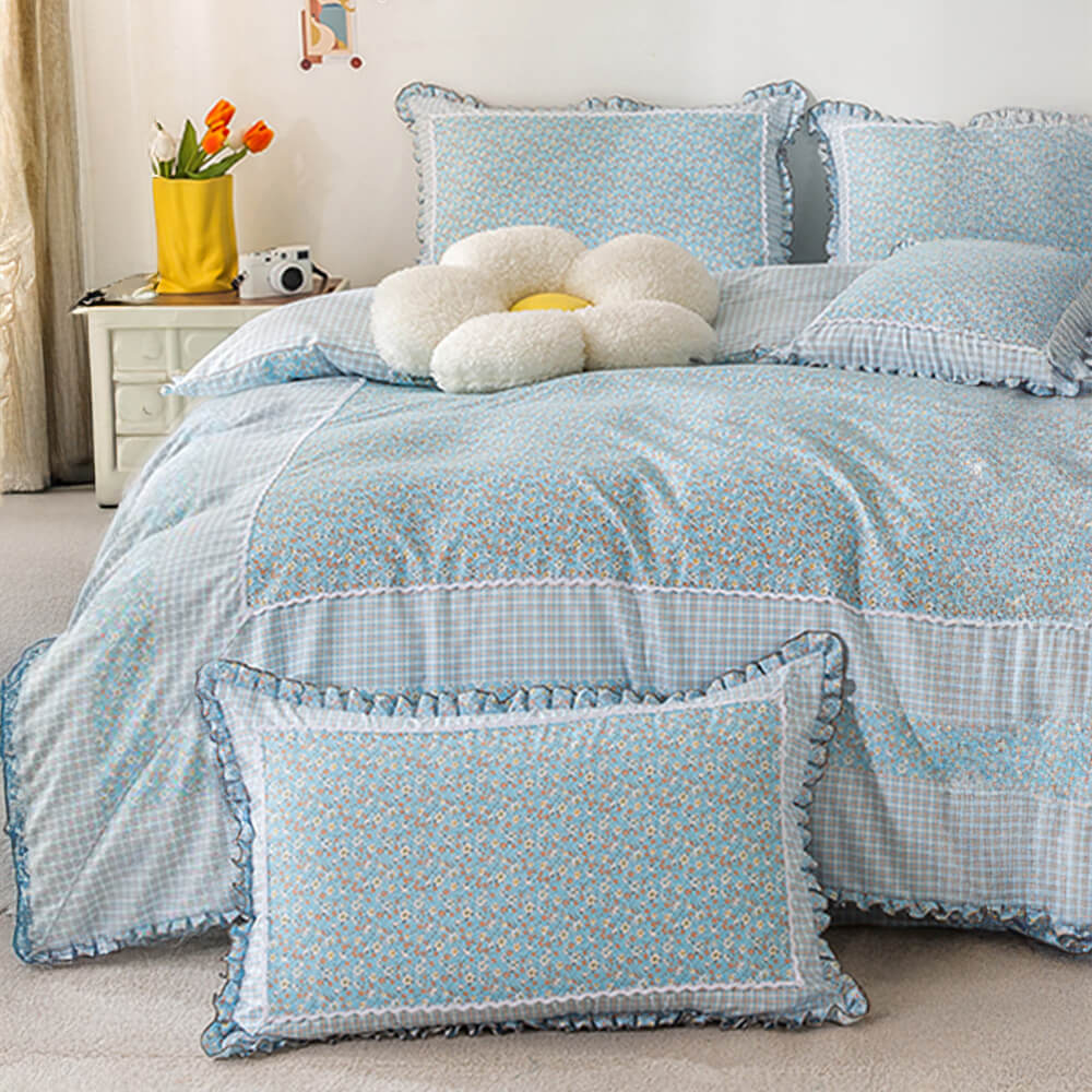 Country Style Plaid Brushed Duvet Cover Bed Sheet Set