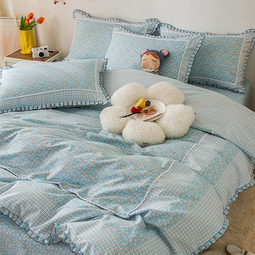 Country Style Plaid Brushed Duvet Cover Bed Sheet Set