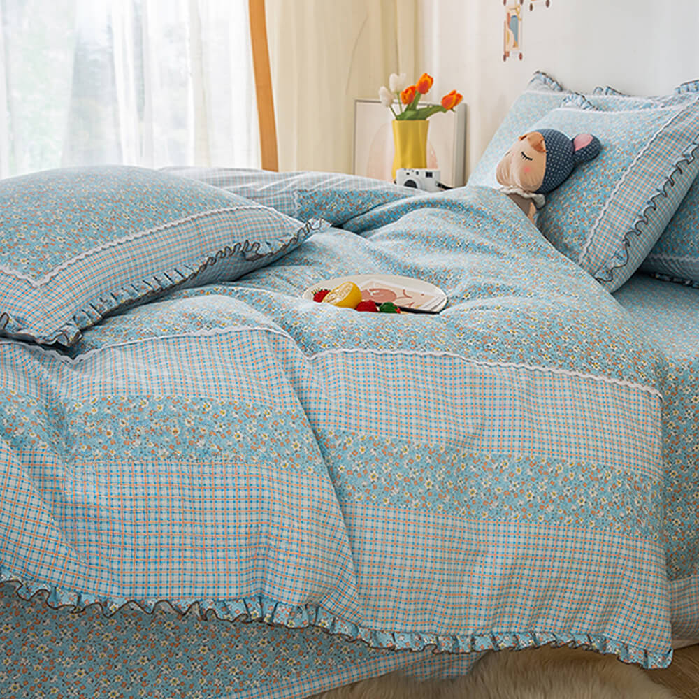 Country Style Plaid Brushed Duvet Cover Bed Sheet Set