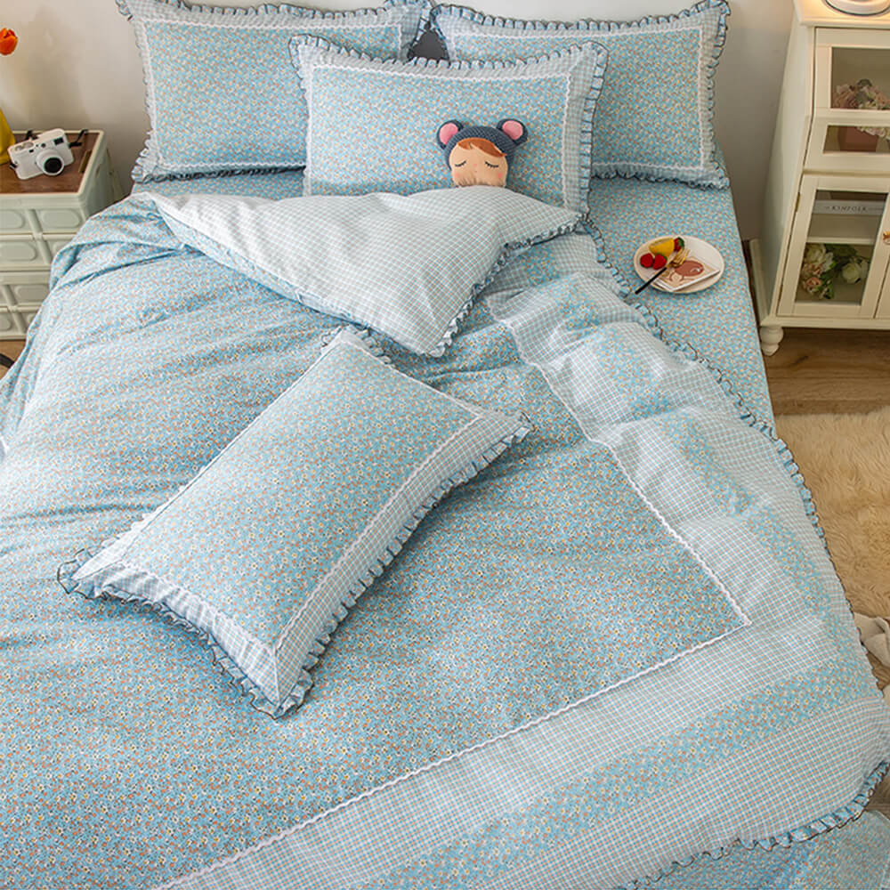 Country Style Plaid Brushed Duvet Cover Bed Sheet Set