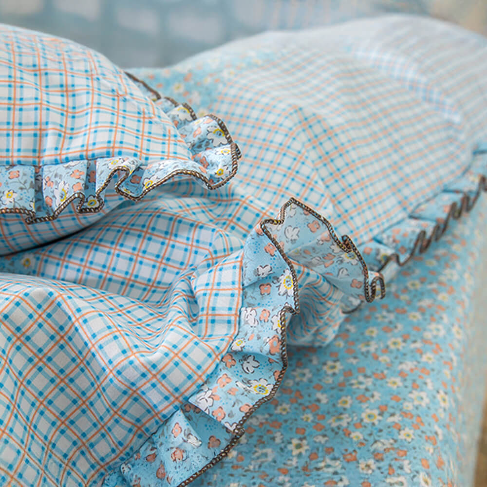 Country Style Plaid Brushed Duvet Cover Bed Sheet Set