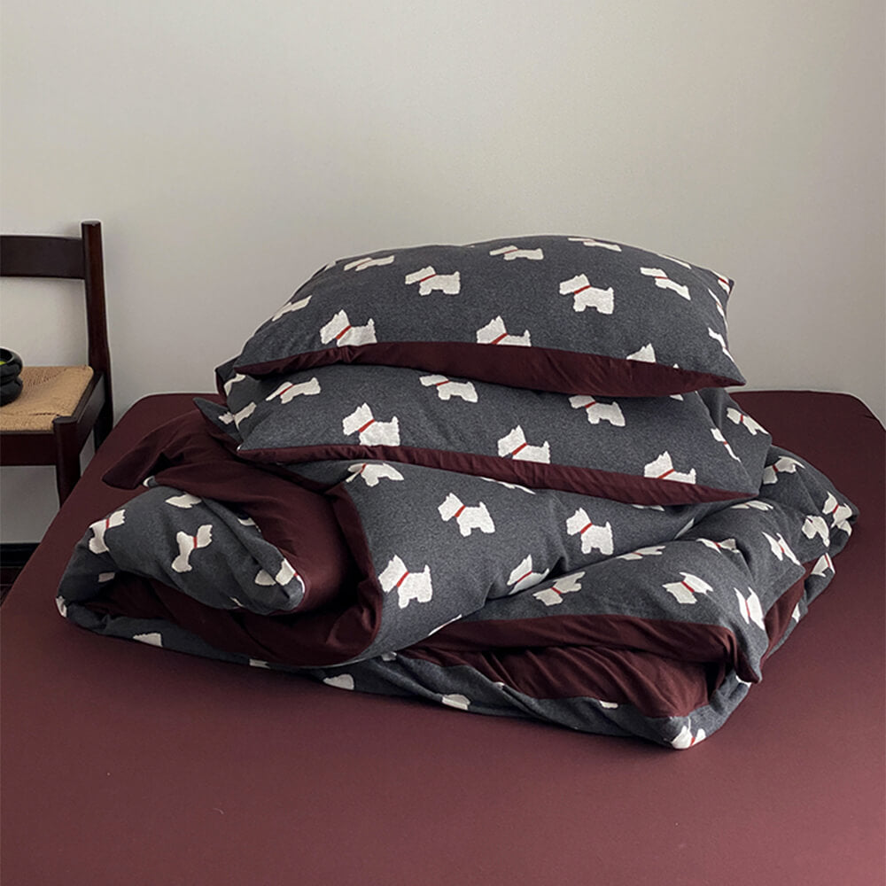 Cute Puppy Jacquard Knit Cotton Duvet Cover Bed Sheet Set