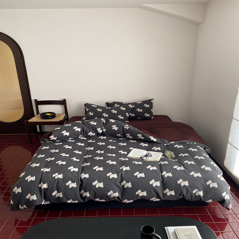 Cute Puppy Jacquard Knit Cotton Duvet Cover Bed Sheet Set