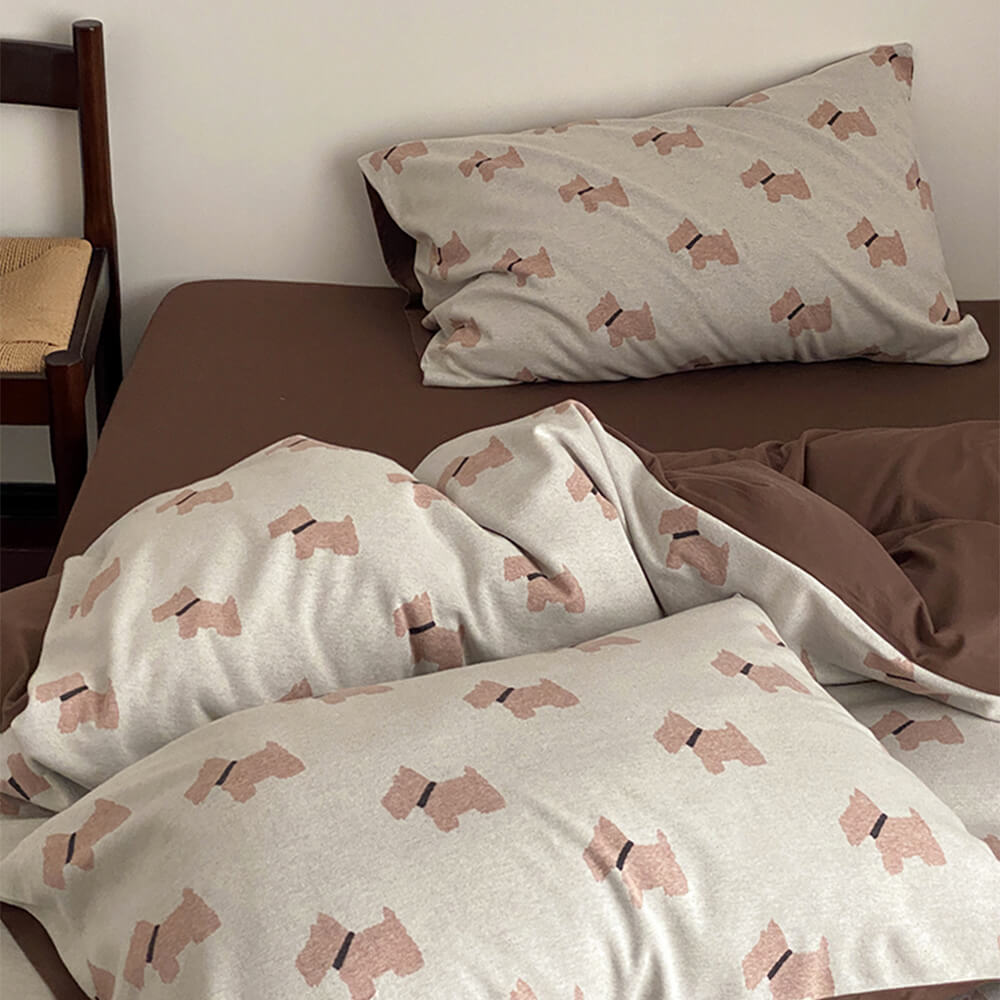 Cute Puppy Jacquard Knit Cotton Duvet Cover Bed Sheet Set