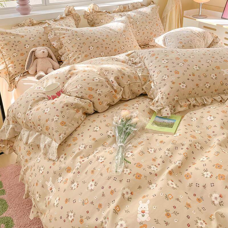 Elegant Ruffled Floral Cotton Bed Sheet Set