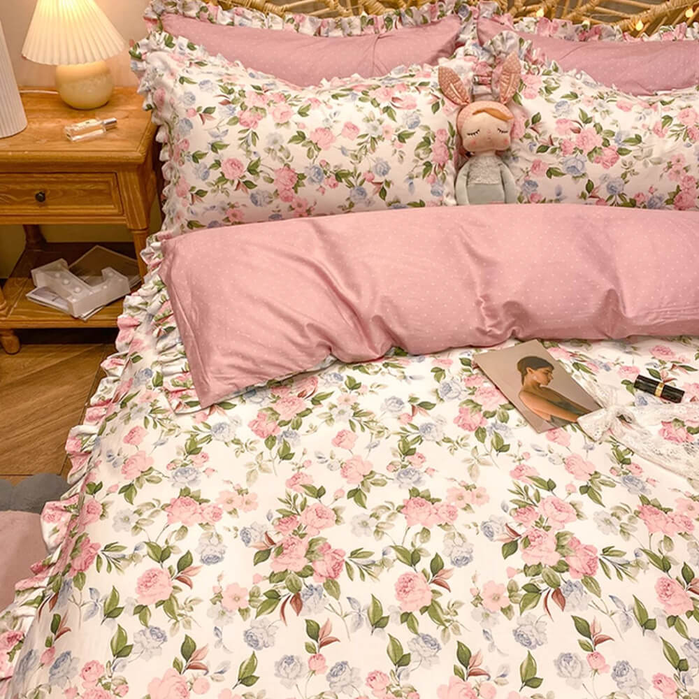 Elegant Ruffled Floral Cotton Bed Sheet Set