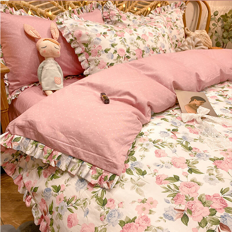 Elegant Ruffled Floral Cotton Bed Sheet Set