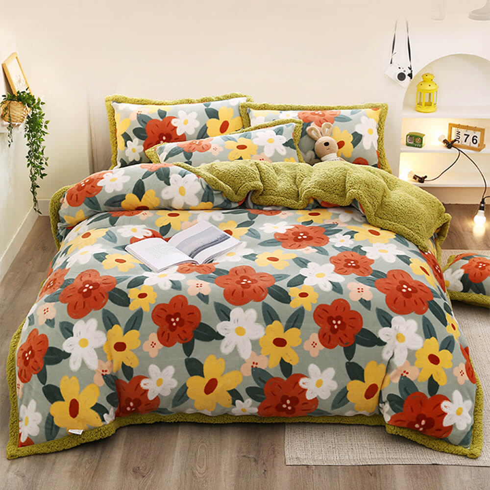 Velvet de leche con estampado floral y sherpa juego de sábanas de doble cara