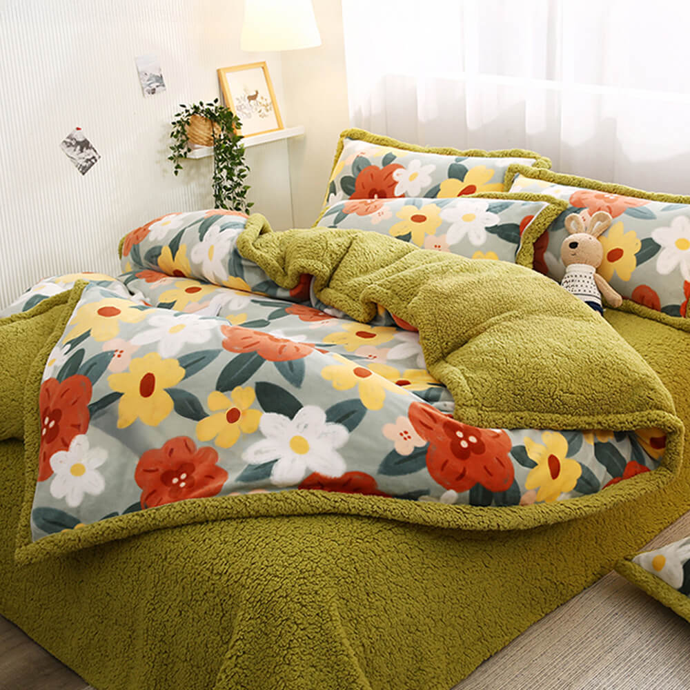 Velvet de leche con estampado floral y sherpa juego de sábanas de doble cara