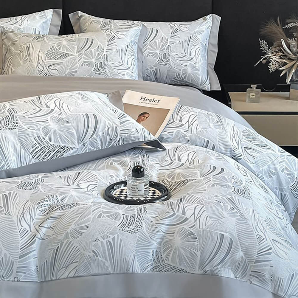 Light-Luxe Botanical Print Cooling Silky Duvet Cover Bed Sheet Set
