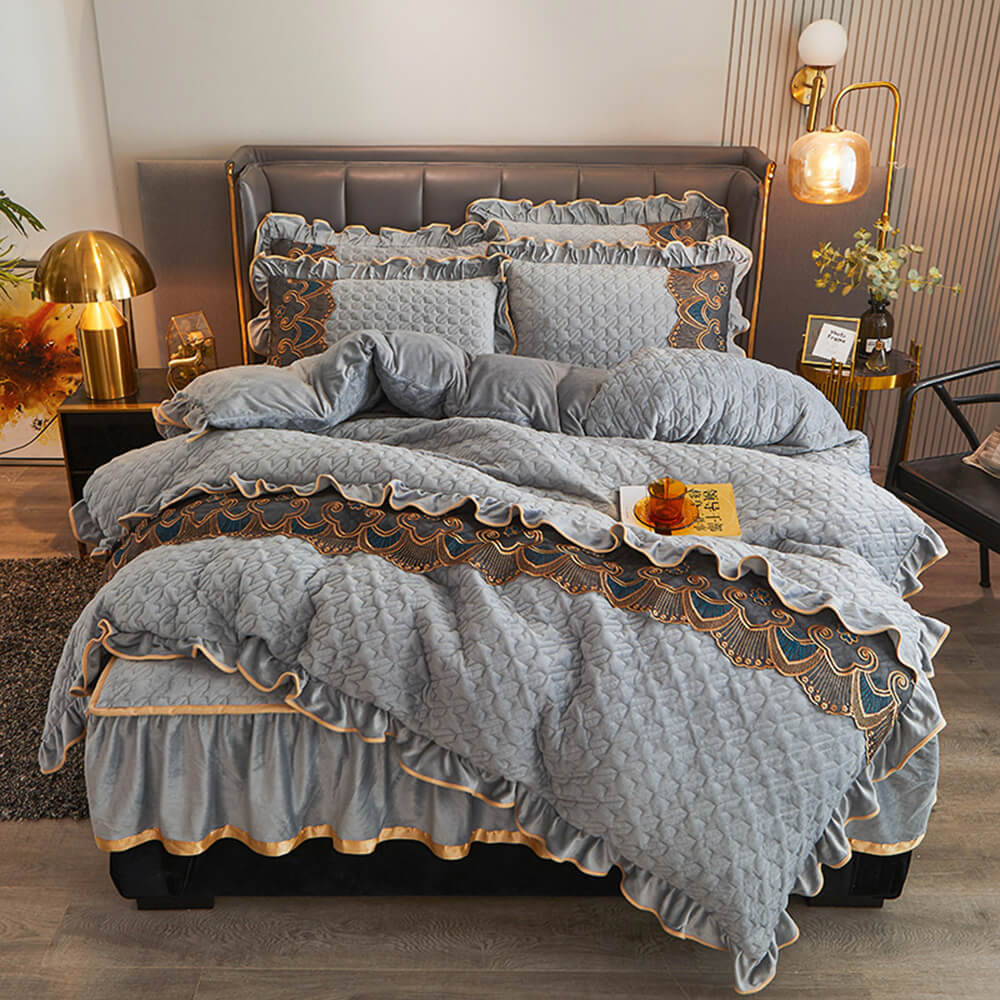 Luxurious Crystal Velvet Borded Borded Bylip Sede Waret Russ con falda de cama