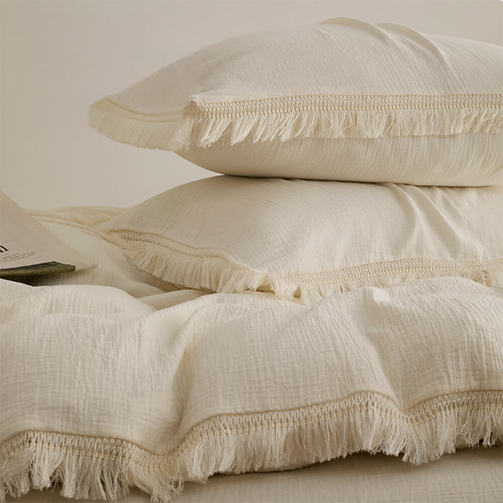 Solid Color Cotton Crinkled Gauze Duvet Cover Bed Sheet Set with Fringe Edges