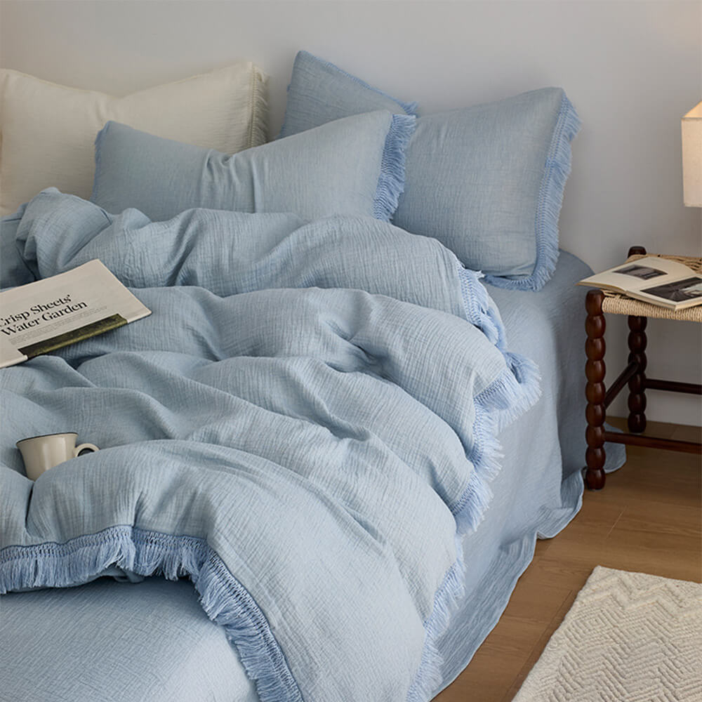 Solid Color Cotton Crinkled Gauze Duvet Cover Bed Sheet Set with Fringe Edges
