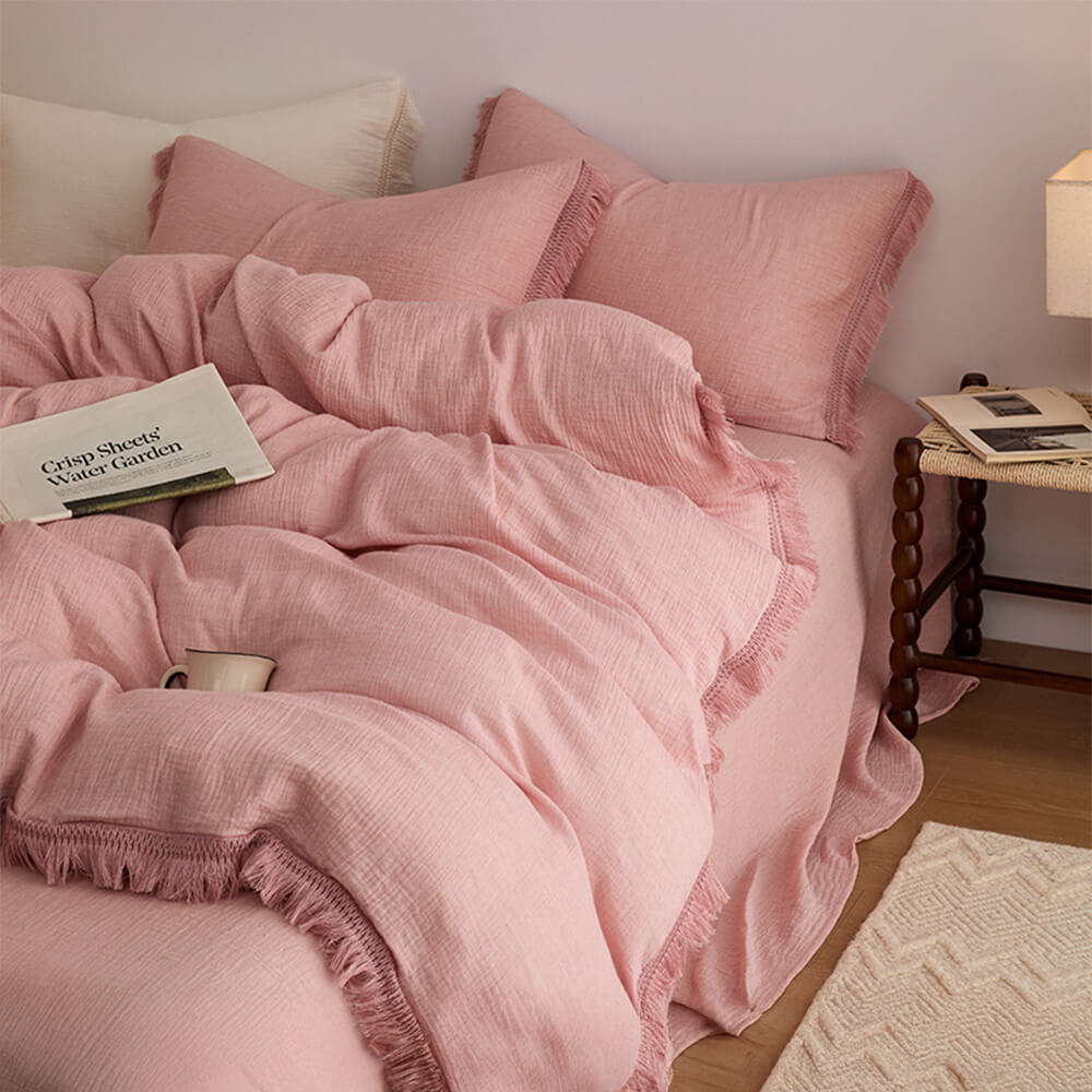 Solid Color Cotton Crinkled Gauze Duvet Cover Bed Sheet Set with Fringe Edges