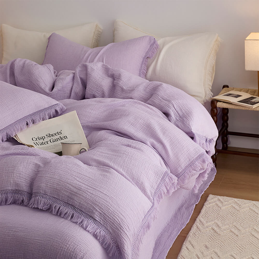 Solid Color Cotton Crinkled Gauze Duvet Cover Bed Sheet Set with Fringe Edges