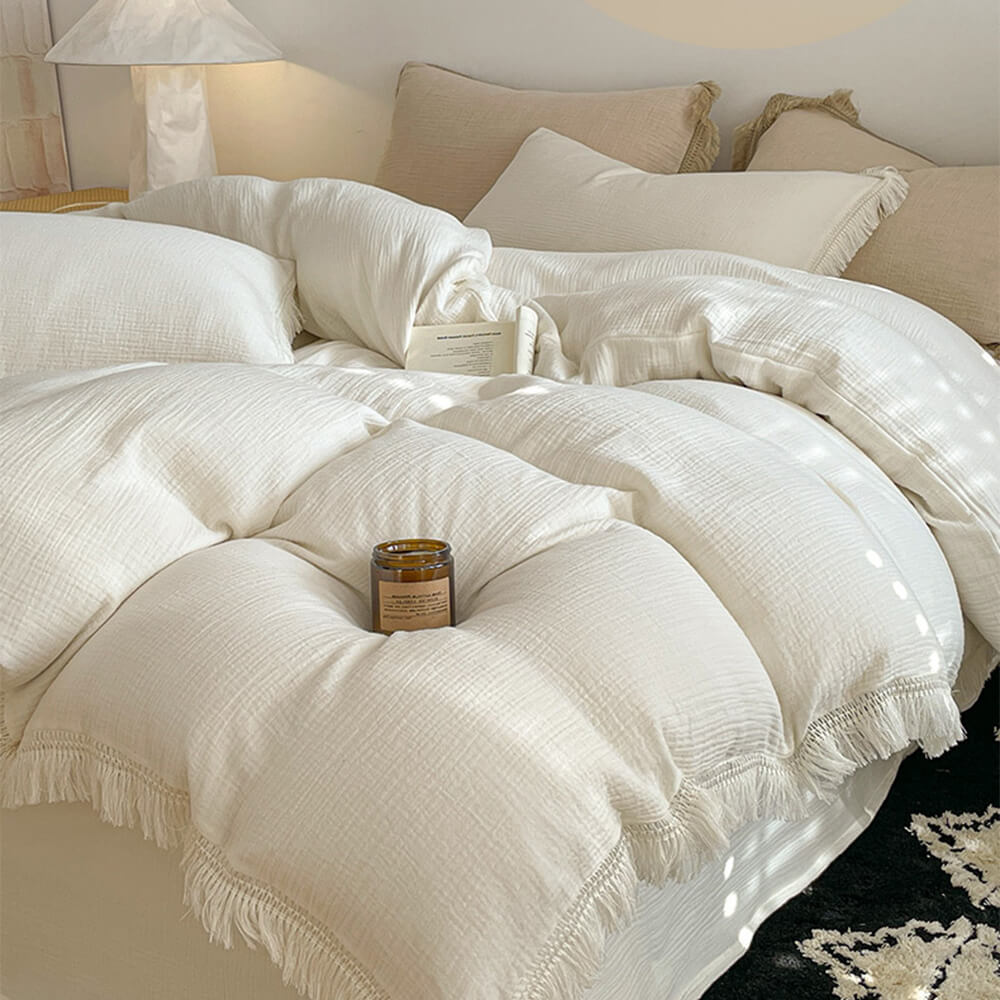 Solid Color Cotton Crinkled Gauze Duvet Cover Bed Sheet Set with Fringe Edges