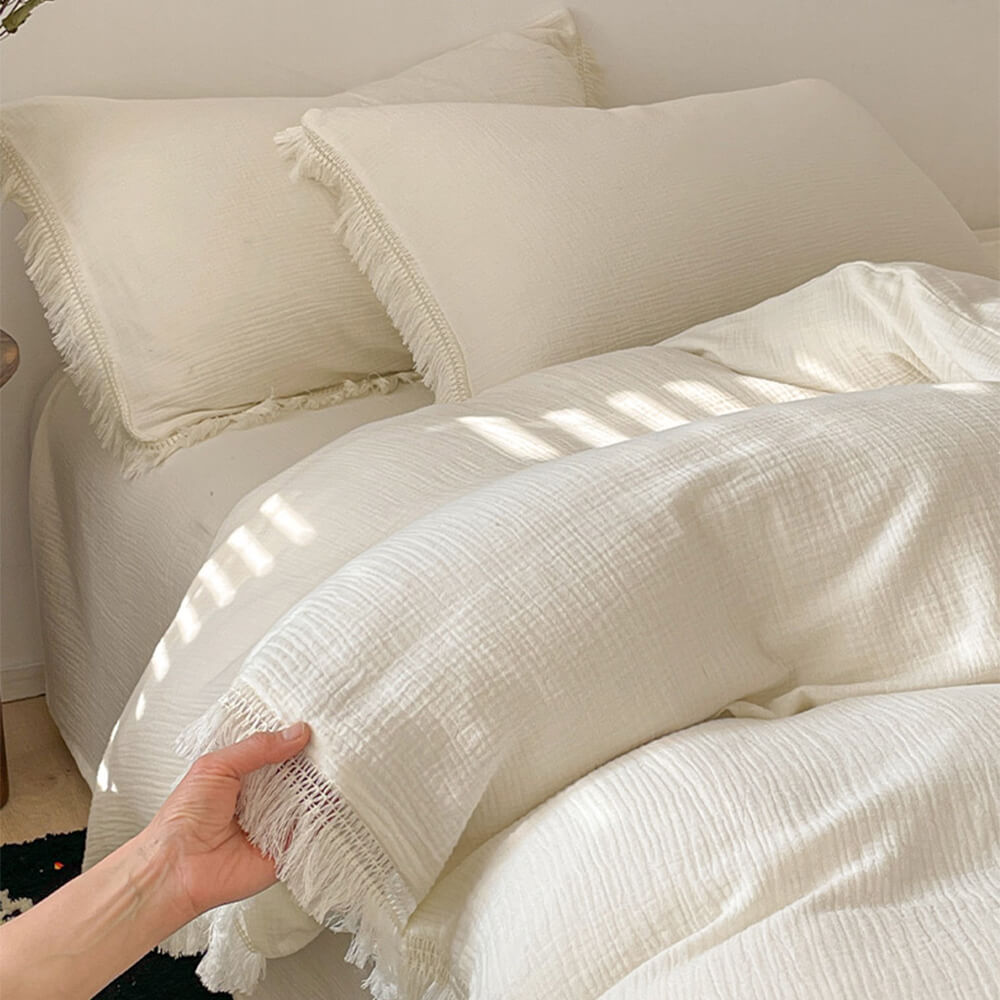 Solid Color Cotton Crinkled Gauze Duvet Cover Bed Sheet Set with Fringe Edges