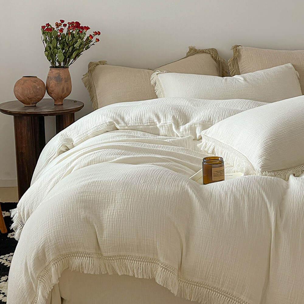 Solid Color Cotton Crinkled Gauze Duvet Cover Bed Sheet Set with Fringe Edges