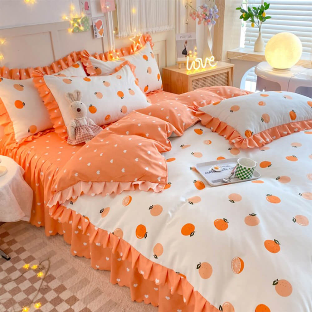 Juego de sábanas de estampado floral vibrante de primavera con falda de cama con volantes