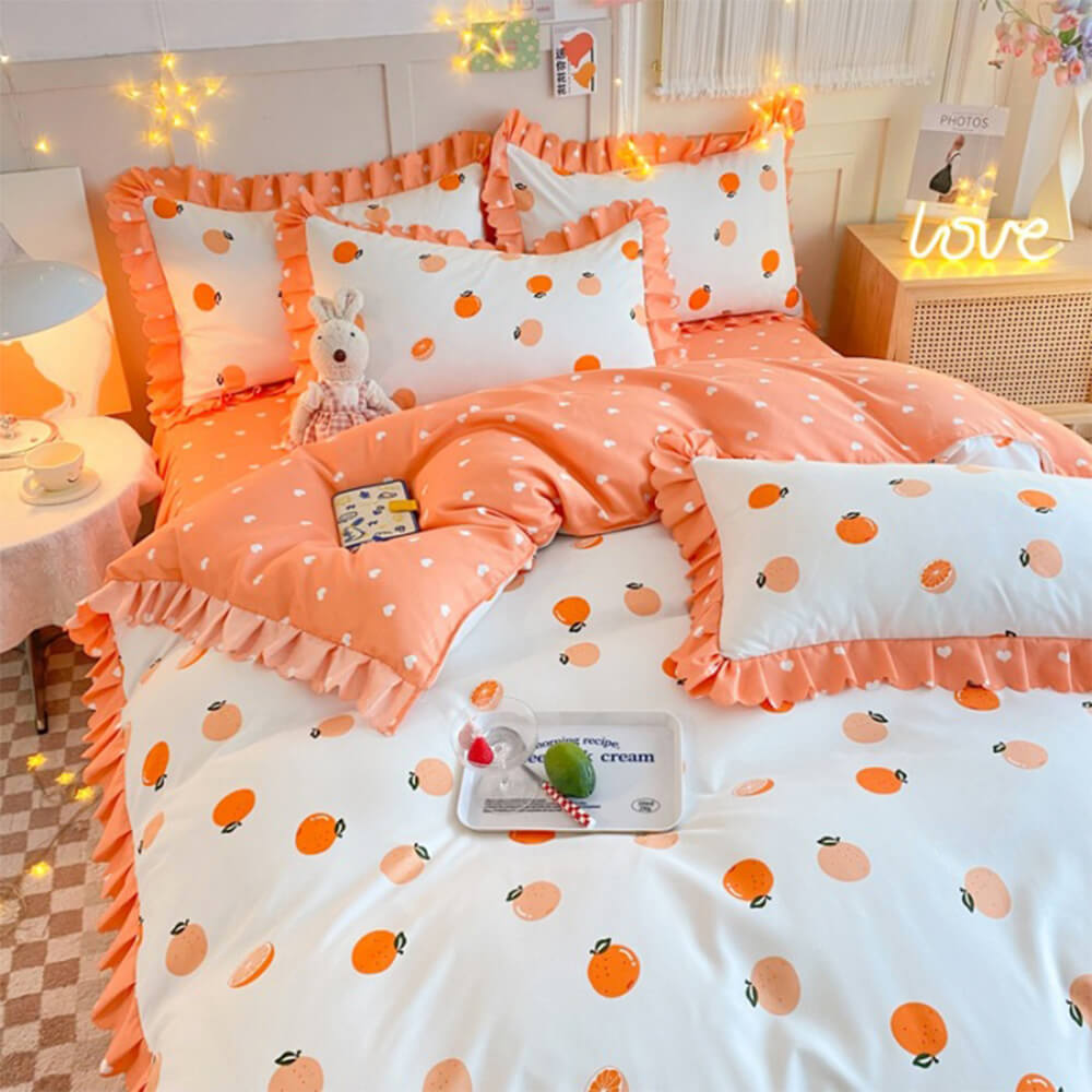 Juego de sábanas de estampado floral vibrante de primavera con falda de cama con volantes