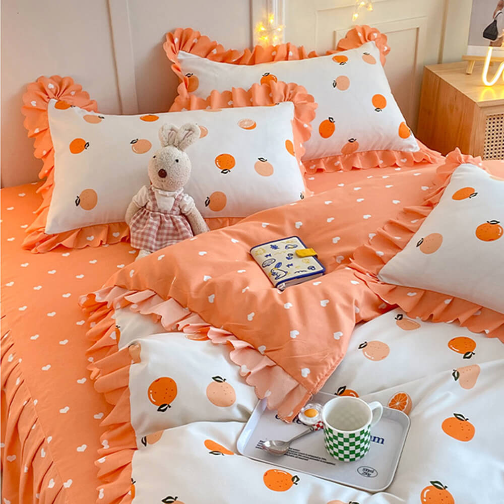 Juego de sábanas de estampado floral vibrante de primavera con falda de cama con volantes