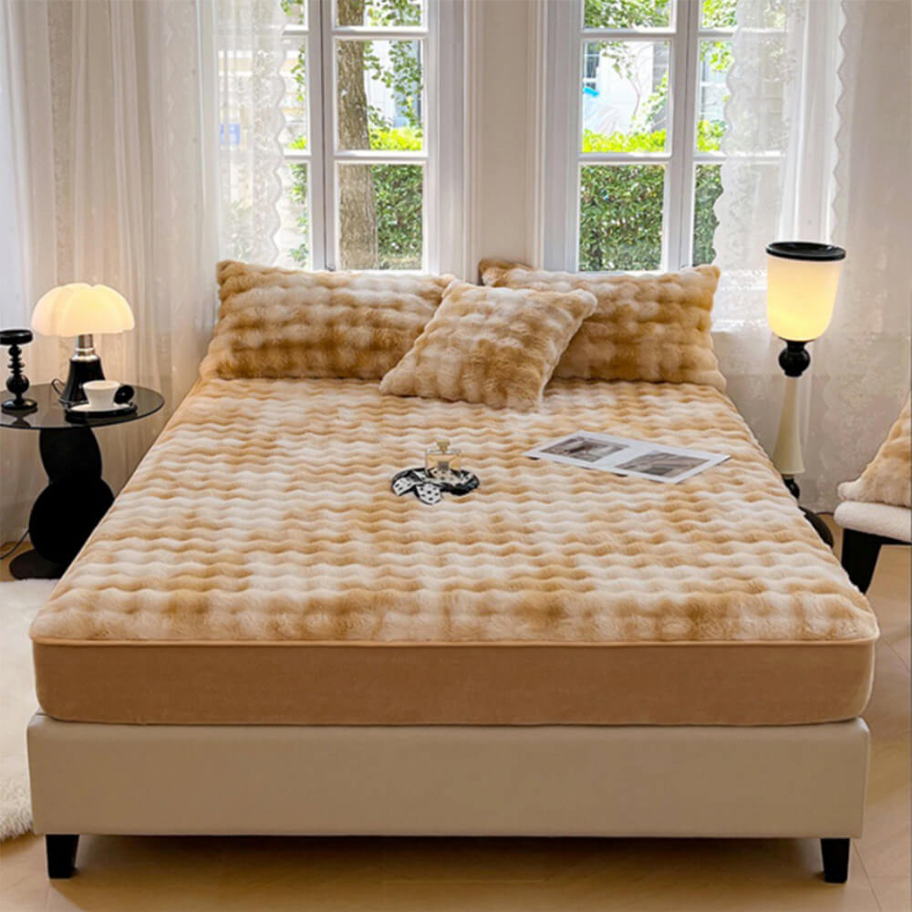 Gradiente de crema de crema Faux Faux Rabbit Fur Cubierta de colchón de lámina CALIENTE