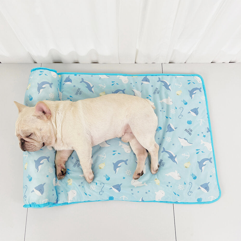 Ocean Series Ice Silk Breathable Cooling Dog Mat with Pillow
