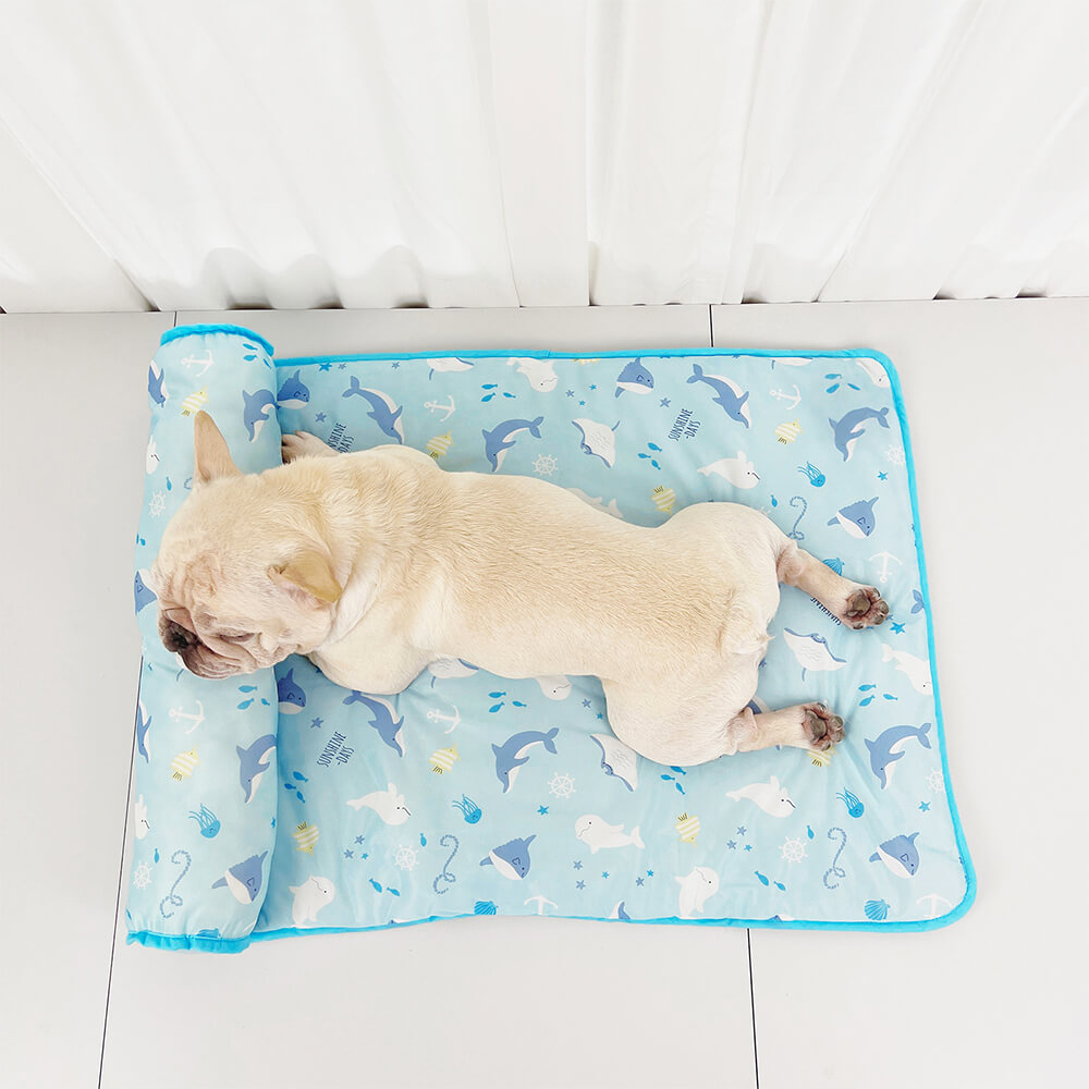 Ocean Series Ice Silk Breathable Cooling Dog Mat with Pillow