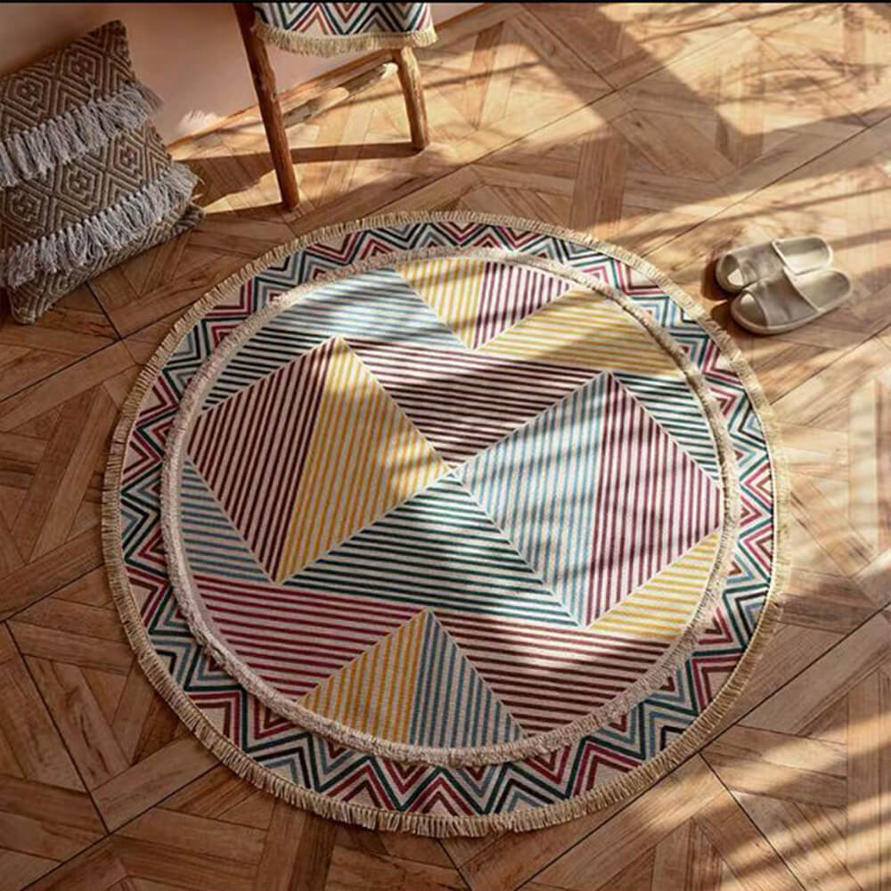 Alfombra redonda vintage de lino de algodón tejido a mano