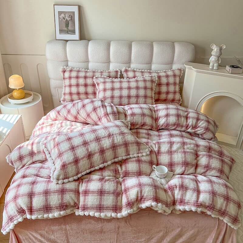 Ensemble de draps en peluche douce à carreaux moelleux et tendance